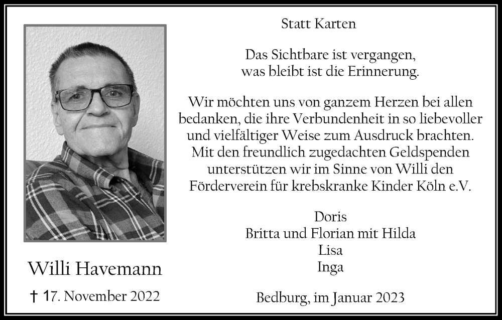  Traueranzeige für Willi Havemann vom 20.01.2023 aus Kölner Stadt-Anzeiger / Kölnische Rundschau / Express