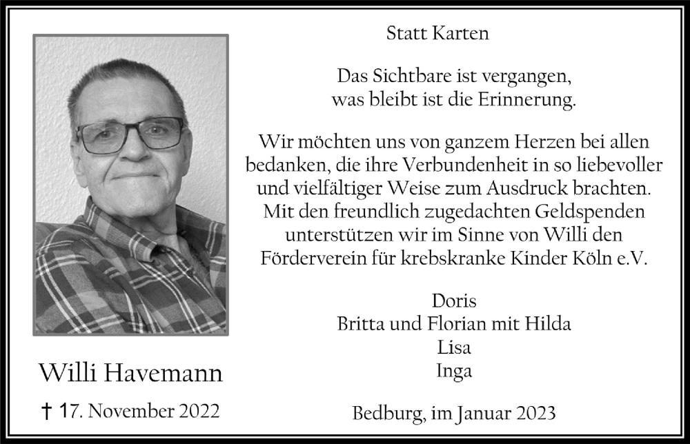  Traueranzeige für Willi Havemann vom 20.01.2023 aus  Werbepost 