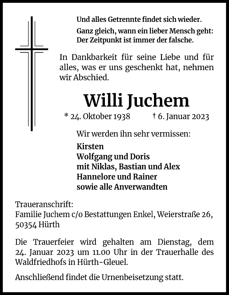  Traueranzeige für Willi Juchem vom 14.01.2023 aus Kölner Stadt-Anzeiger / Kölnische Rundschau / Express