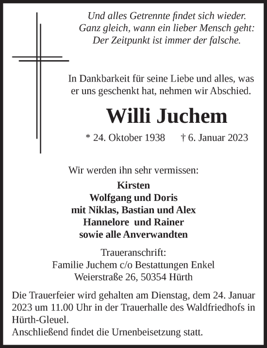 Anzeige von Willi Juchem von  Wochenende 