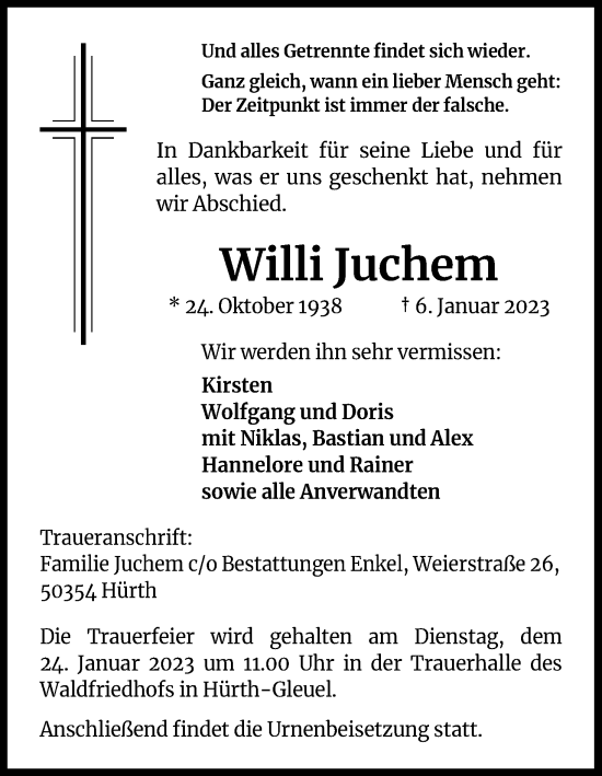 Anzeige von Willi Juchem von Kölner Stadt-Anzeiger / Kölnische Rundschau / Express