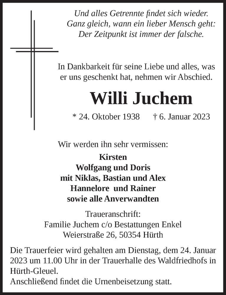  Traueranzeige für Willi Juchem vom 13.01.2023 aus  Wochenende 