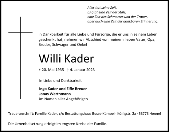 Anzeige von Willi Kader von Kölner Stadt-Anzeiger / Kölnische Rundschau / Express