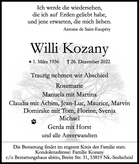Anzeige von Willi Kozany von Kölner Stadt-Anzeiger / Kölnische Rundschau / Express