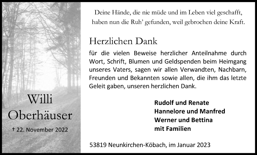  Traueranzeige für Willi Oberhäuser vom 14.01.2023 aus Kölner Stadt-Anzeiger / Kölnische Rundschau / Express