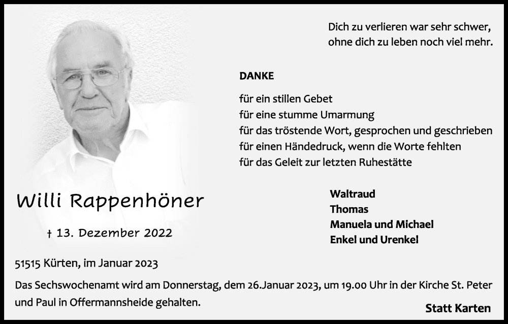  Traueranzeige für Willi Rappenhöner vom 21.01.2023 aus Kölner Stadt-Anzeiger / Kölnische Rundschau / Express