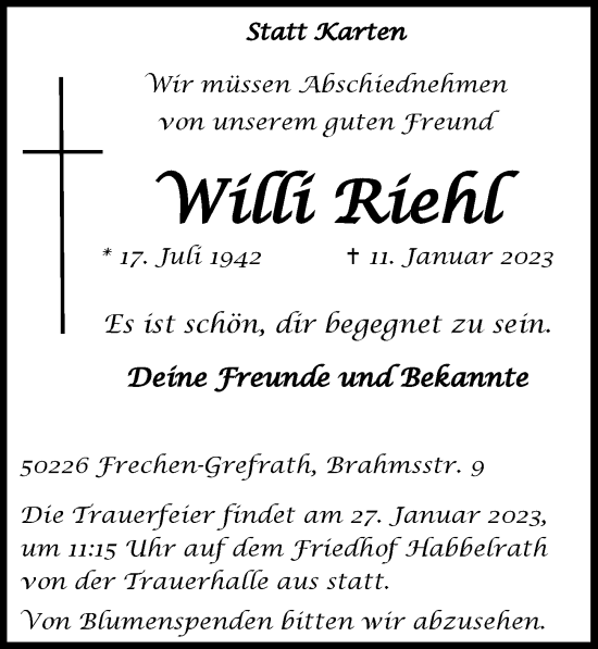 Anzeige von Willi Riehl von  Wochenende 