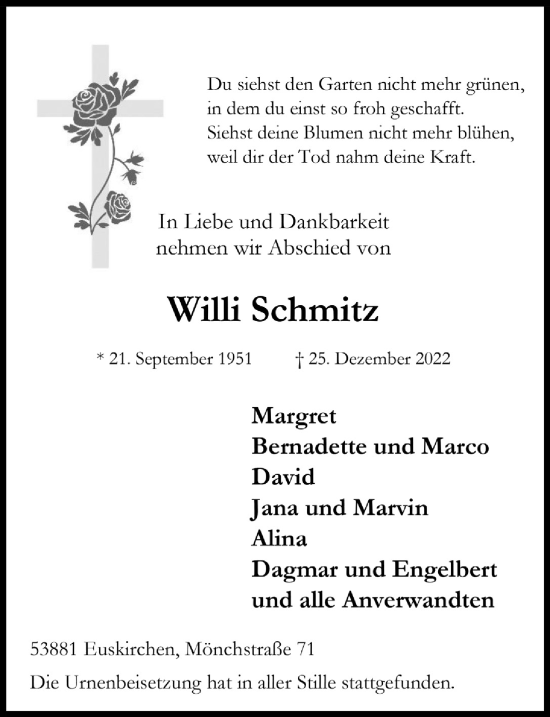 Anzeige von Willi Schmitz von  Blickpunkt Euskirchen 