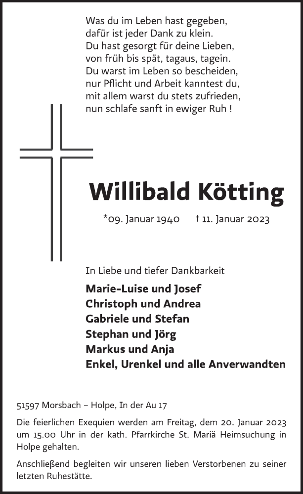  Traueranzeige für Willibald Kötting vom 20.01.2023 aus  Lokalanzeiger 