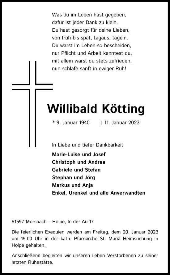 Anzeige von Willibald Kötting von Kölner Stadt-Anzeiger / Kölnische Rundschau / Express