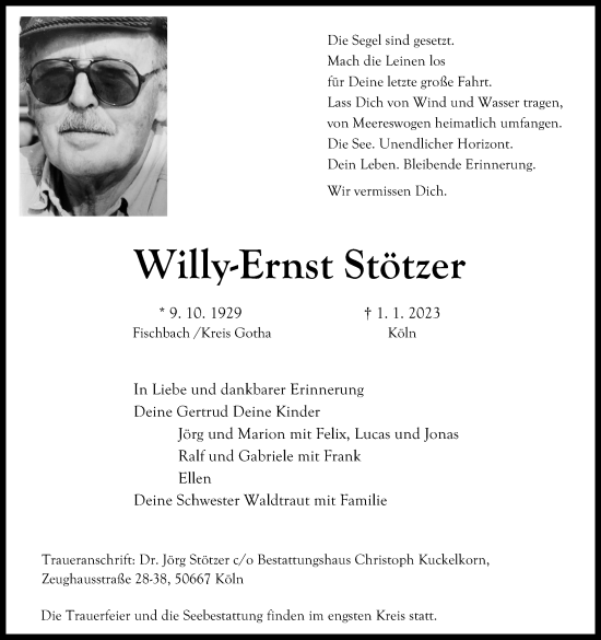 Anzeige von Willy-Ernst Stötzer von Kölner Stadt-Anzeiger / Kölnische Rundschau / Express