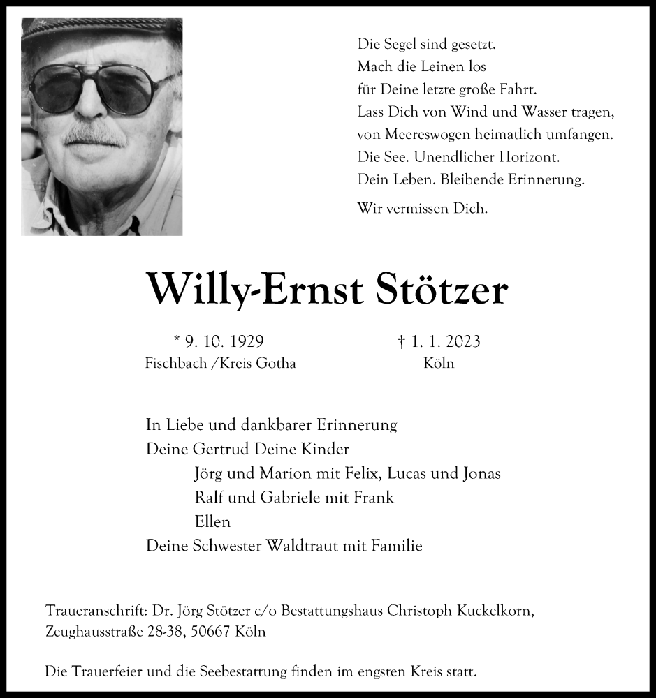  Traueranzeige für Willy-Ernst Stötzer vom 21.01.2023 aus Kölner Stadt-Anzeiger / Kölnische Rundschau / Express