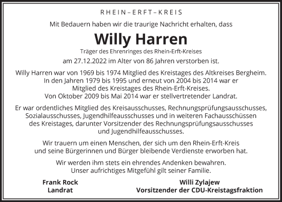 Anzeige von Willy Harren von  Wochenende  Schlossbote/Werbekurier  Werbepost 