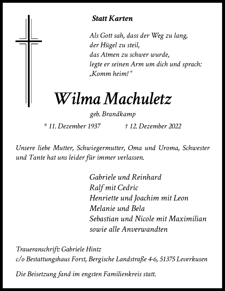  Traueranzeige für Wilma Machuletz vom 21.01.2023 aus Kölner Stadt-Anzeiger / Kölnische Rundschau / Express