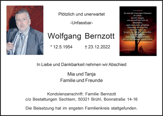 Anzeige von Wolfgang Bernzott von  Schlossbote/Werbekurier 