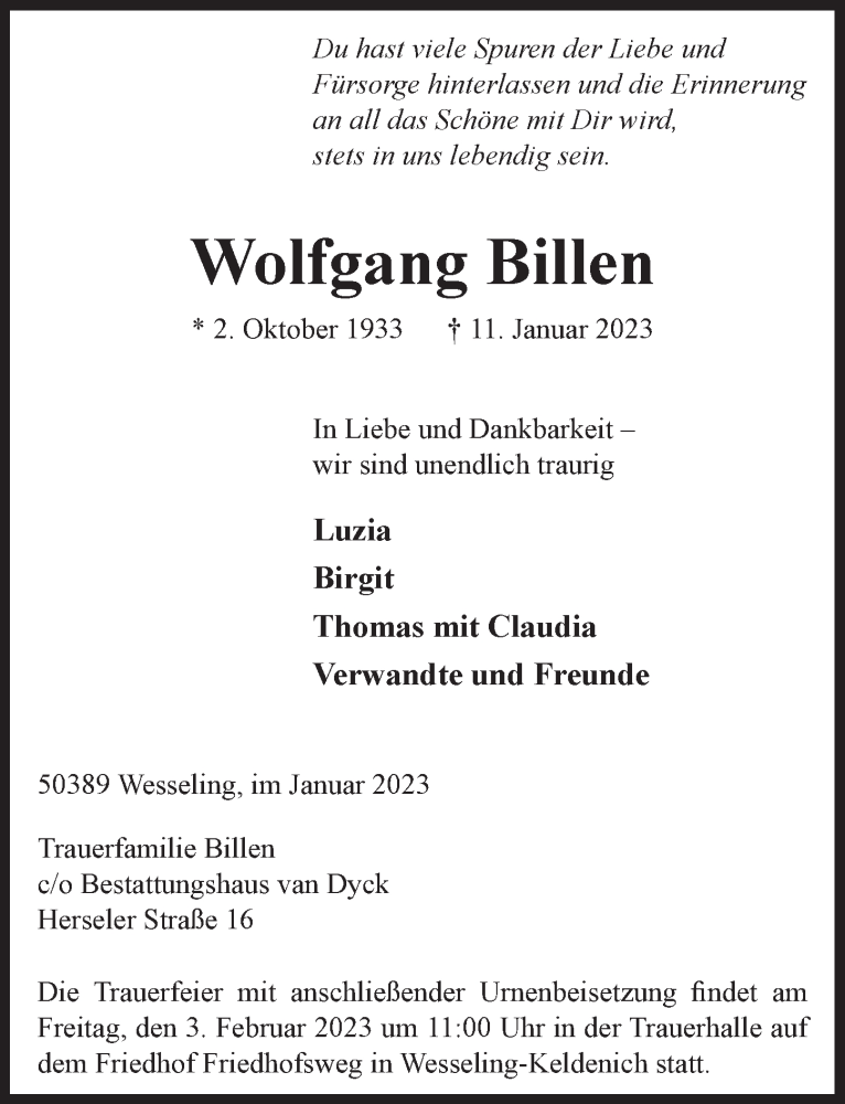  Traueranzeige für Wolfgang Billen vom 27.01.2023 aus  Schlossbote/Werbekurier 