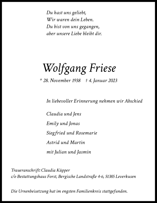 Anzeige von Wolfgang Friese von Kölner Stadt-Anzeiger / Kölnische Rundschau / Express