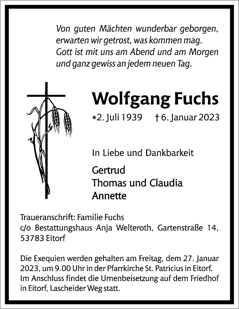  Traueranzeige für Wolfgang Fuchs vom 14.01.2023 aus Kölner Stadt-Anzeiger / Kölnische Rundschau / Express