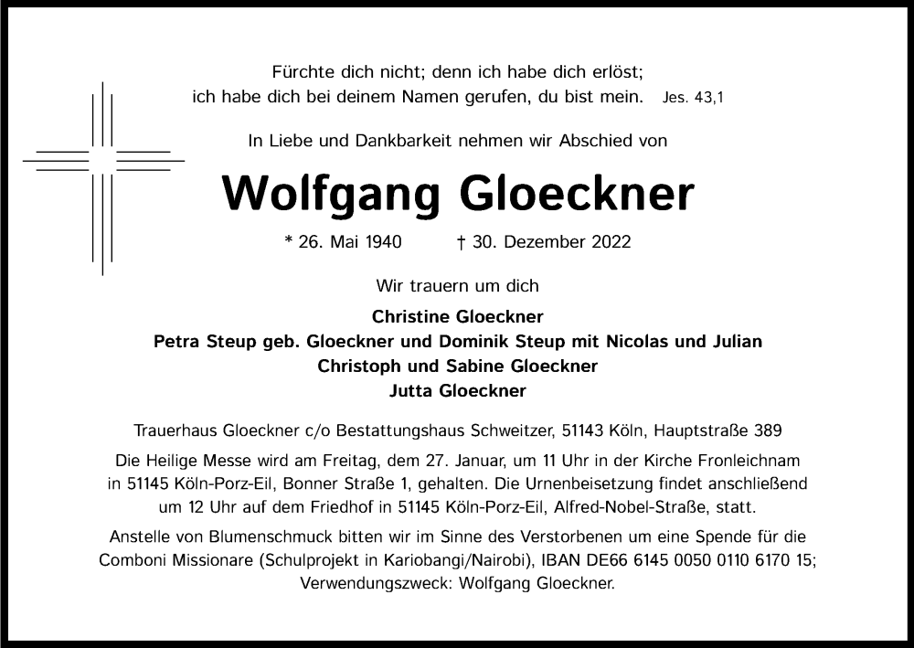  Traueranzeige für Wolfgang Gloeckner vom 21.01.2023 aus Kölner Stadt-Anzeiger / Kölnische Rundschau / Express