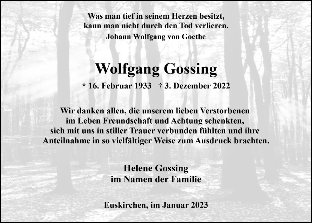  Traueranzeige für Wolfgang Gossing vom 21.01.2023 aus  Blickpunkt Euskirchen 