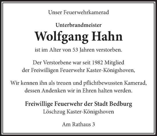 Anzeige von Wolfgang Hahn von  Werbepost 