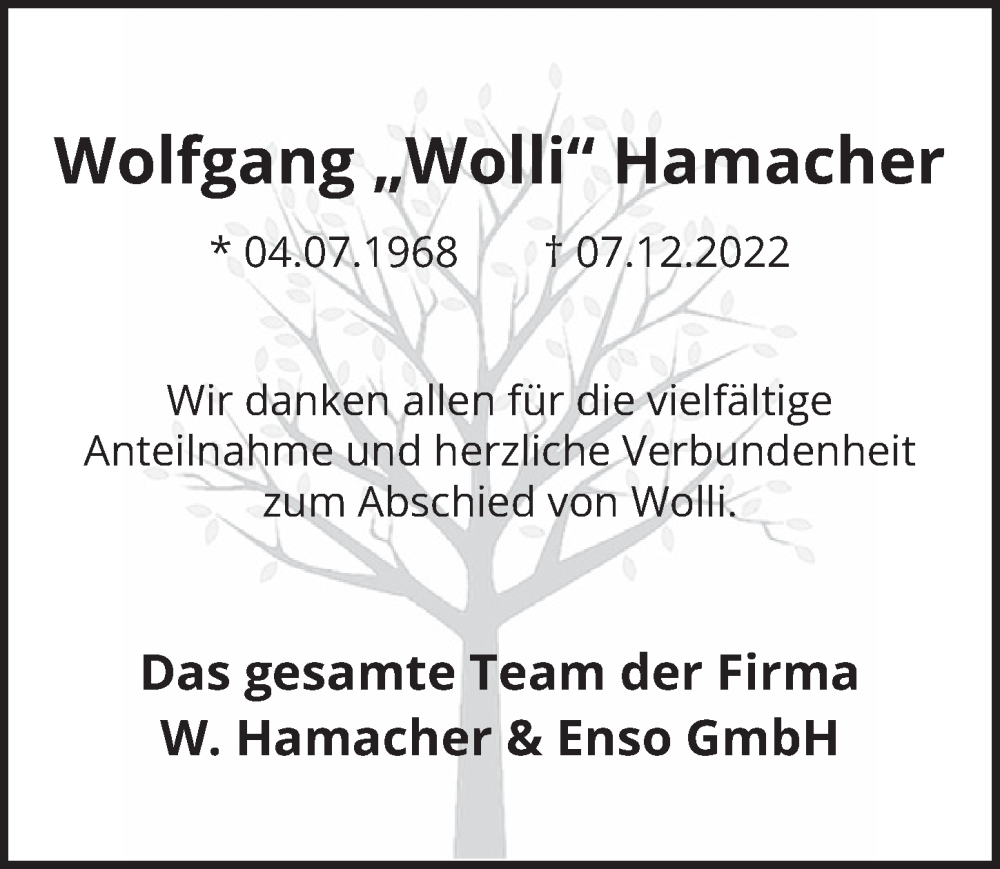  Traueranzeige für Wolfgang Hamacher vom 27.01.2023 aus  Bergisches Handelsblatt 