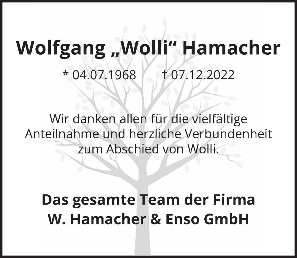  Traueranzeige für Wolfgang Hamacher vom 18.07.2023 aus  Bergisches Handelsblatt 