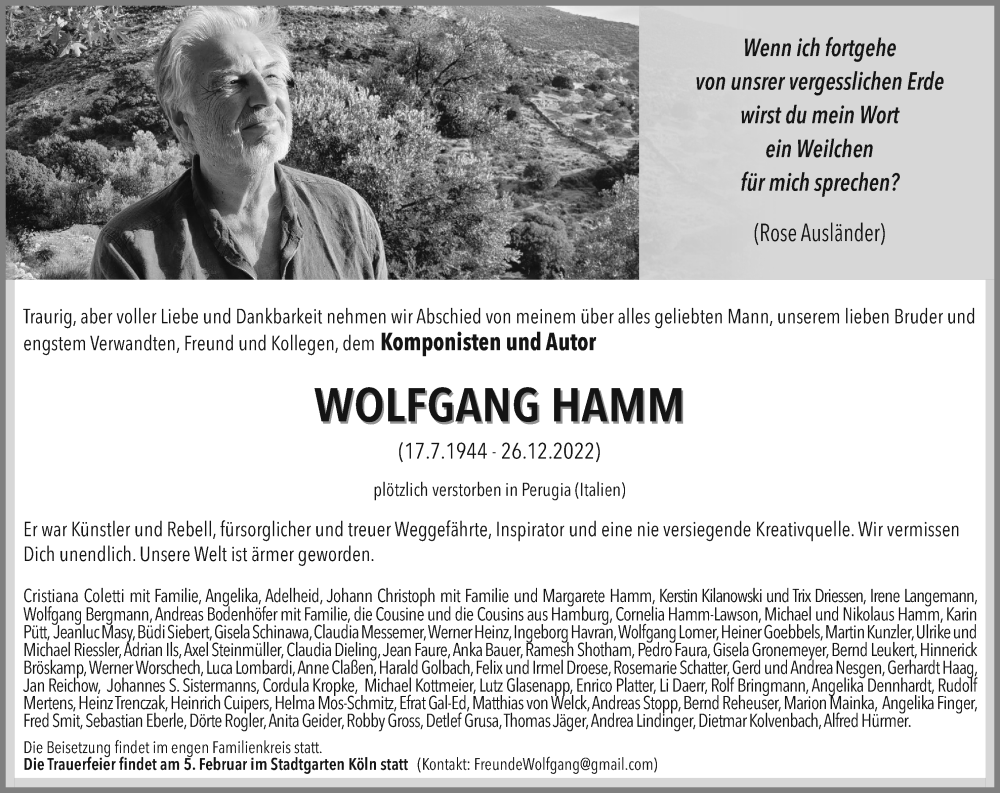  Traueranzeige für Wolfgang Hamm vom 28.01.2023 aus Kölner Stadt-Anzeiger / Kölnische Rundschau / Express