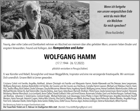 Anzeige von Wolfgang Hamm von Kölner Stadt-Anzeiger / Kölnische Rundschau / Express