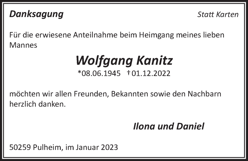  Traueranzeige für Wolfgang Kanitz vom 06.01.2023 aus  Wochenende 