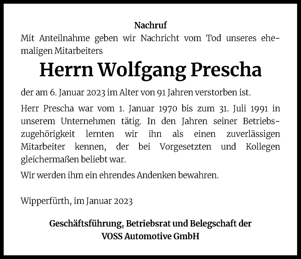  Traueranzeige für Wolfgang Prescha vom 18.01.2023 aus Kölner Stadt-Anzeiger / Kölnische Rundschau / Express