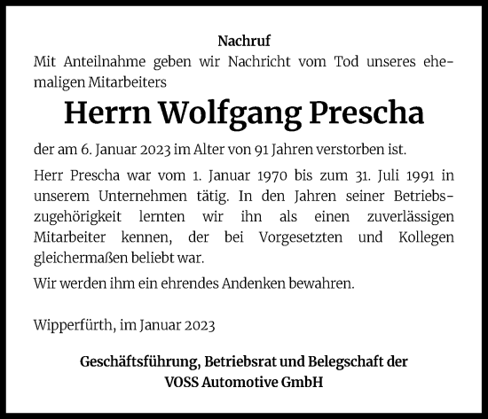 Anzeige von Wolfgang Prescha von Kölner Stadt-Anzeiger / Kölnische Rundschau / Express