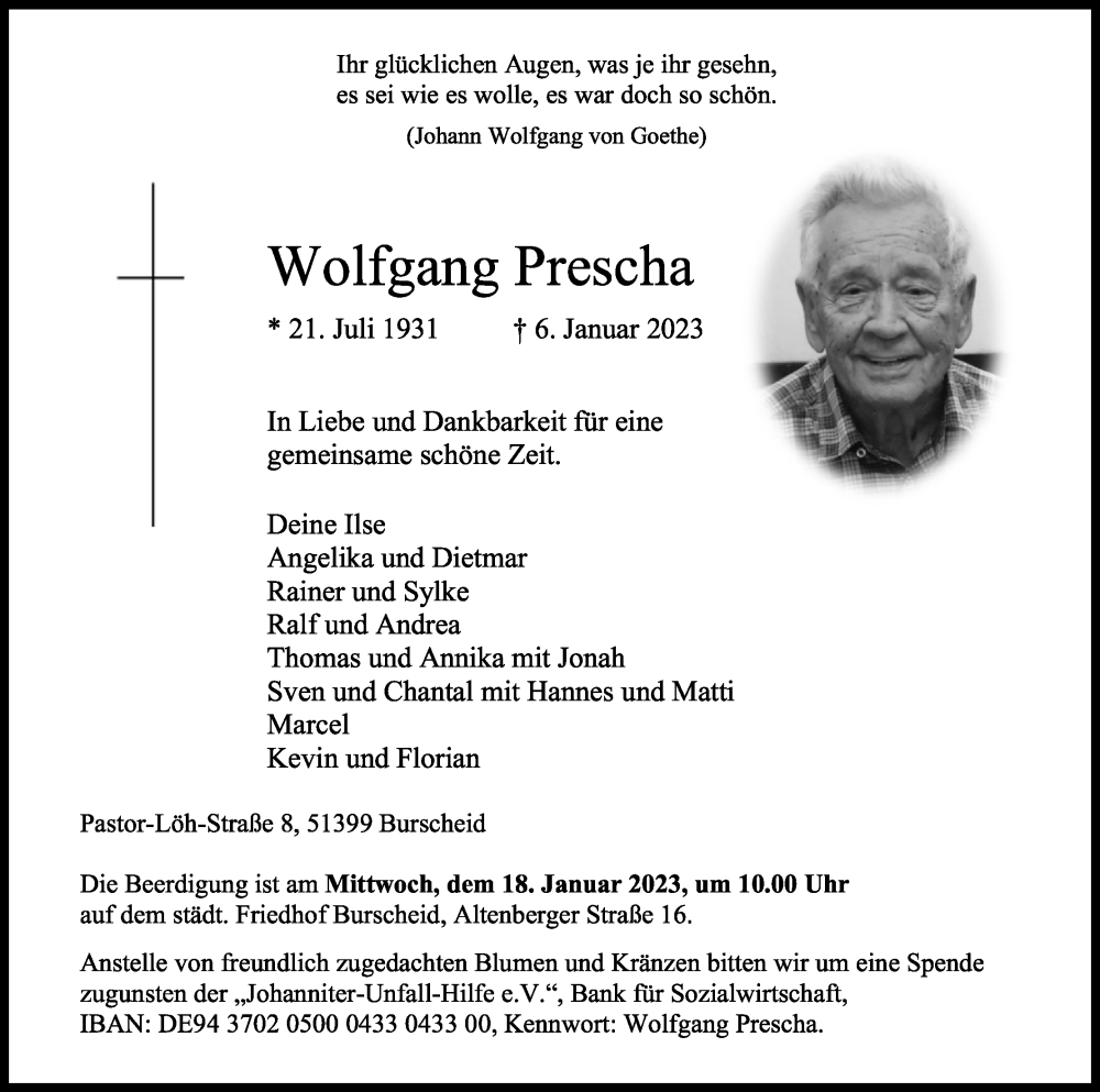  Traueranzeige für Wolfgang Prescha vom 14.01.2023 aus Kölner Stadt-Anzeiger / Kölnische Rundschau / Express