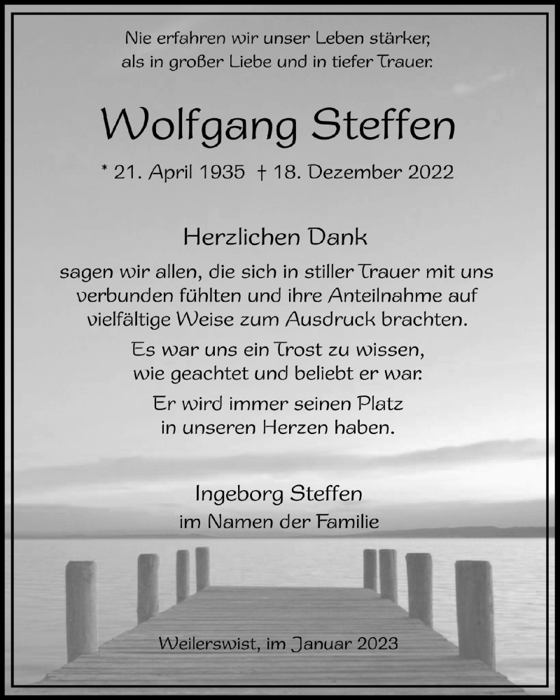  Traueranzeige für Wolfgang Steffen vom 28.01.2023 aus  Blickpunkt Euskirchen 