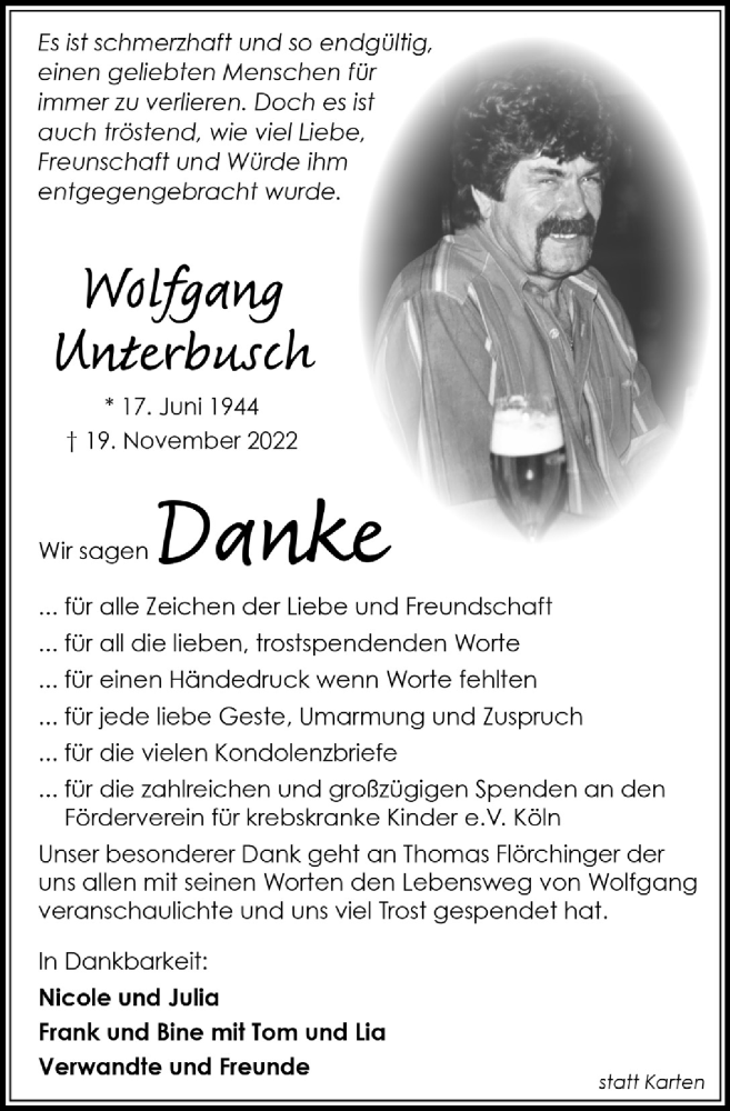  Traueranzeige für Wolfgang Unterbusch vom 20.01.2023 aus  Bergisches Handelsblatt 