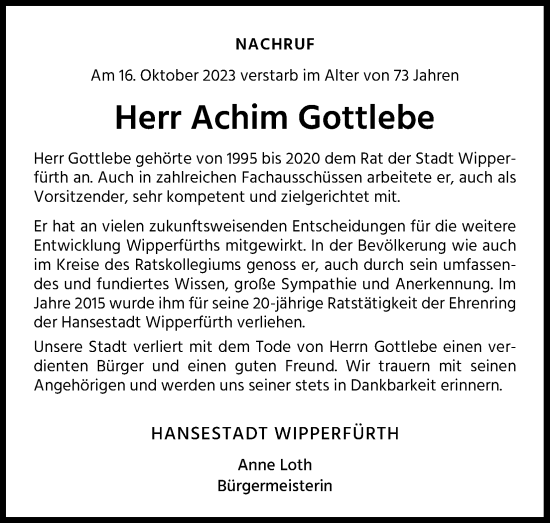 Anzeige von Achim Gottlebe von Kölner Stadt-Anzeiger / Kölnische Rundschau / Express