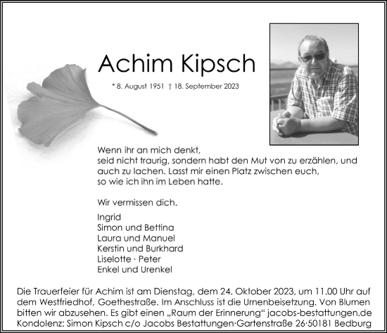 Anzeige von Achim Kipsch von  Werbepost 
