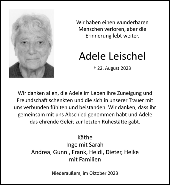 Anzeige von Adele Leischel von  Werbepost 