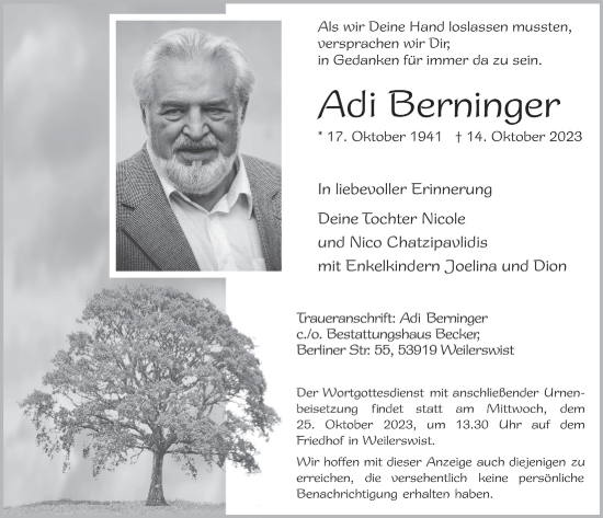 Anzeige von Adi Berninger von  Blickpunkt Euskirchen 