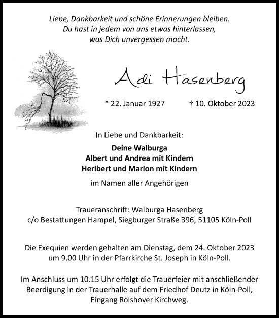 Anzeige von Adi Hasenberg von Kölner Stadt-Anzeiger / Kölnische Rundschau / Express