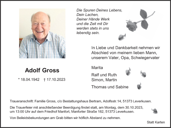 Anzeige von Adolf Gross von Kölner Stadt-Anzeiger / Kölnische Rundschau / Express