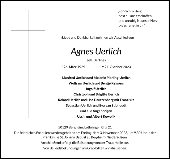 Anzeige von Agnes Uerlich von Kölner Stadt-Anzeiger / Kölnische Rundschau / Express