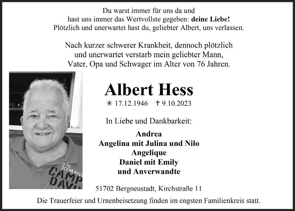  Traueranzeige für Albert Hess vom 20.10.2023 aus  Anzeigen Echo 