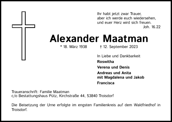 Anzeige von Alexander Maatman von Kölner Stadt-Anzeiger / Kölnische Rundschau / Express