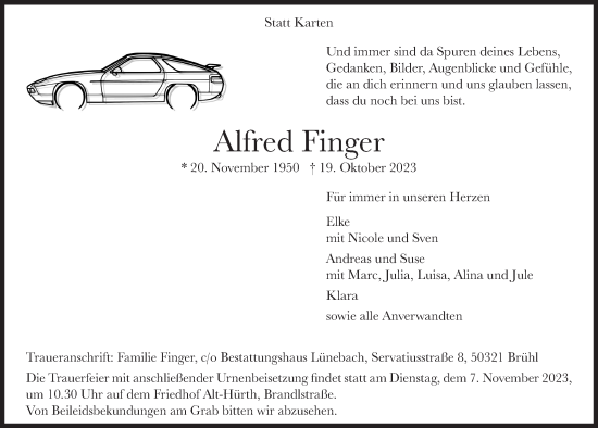 Anzeige von Alfred Finger von  Wochenende  Schlossbote/Werbekurier 