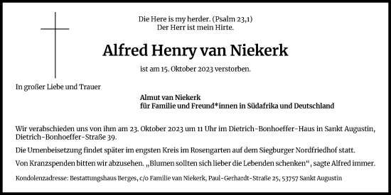 Anzeige von Alfred Henry van Niekerk von Kölner Stadt-Anzeiger / Kölnische Rundschau / Express