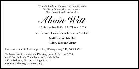 Anzeige von Alwin Witt von Kölner Stadt-Anzeiger / Kölnische Rundschau / Express