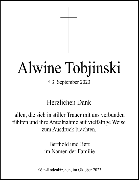 Anzeige von Alwine Tobjinski von Kölner Stadt-Anzeiger / Kölnische Rundschau / Express