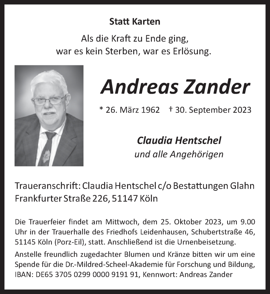  Traueranzeige für Andreas Zander vom 13.10.2023 aus  EXPRESS - Die Woche 