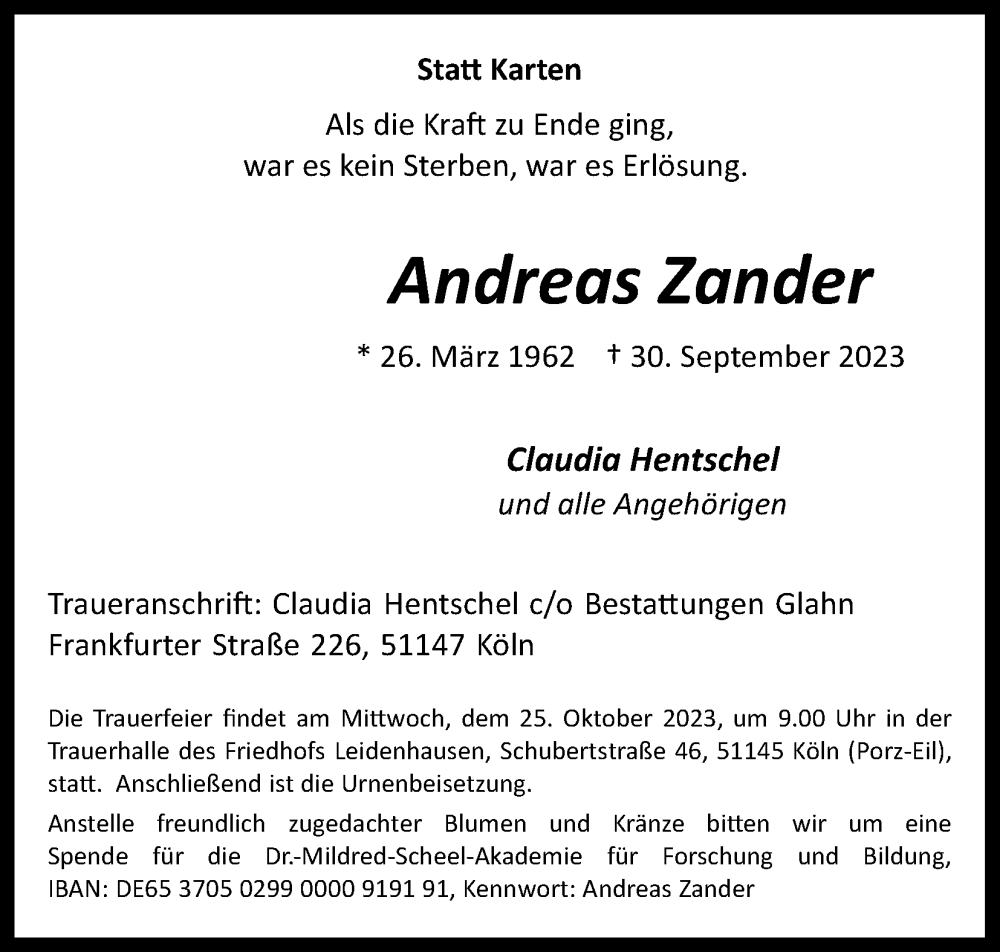 Traueranzeige für Andreas Zander vom 14.10.2023 aus Kölner Stadt-Anzeiger / Kölnische Rundschau / Express